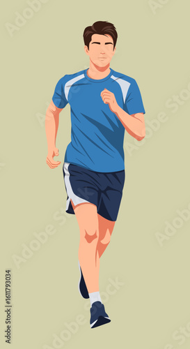 Vector illustration of a man running in blue shirt and dark shorts.