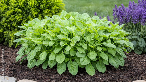 Lush, vibrant green foliage forms a dense mound in a garden bed.  Healthy plants with broad leaves sit atop dark soil.  Surrounding greenery and lavender add depth
