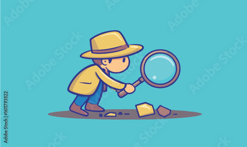 Adorable cartoon detective searches for clues with magnifying glass on bright background for kids content