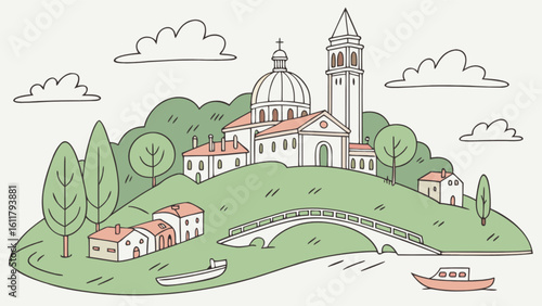 Illustration of venice italy landscape with church and bridge over water for travel and tourism design