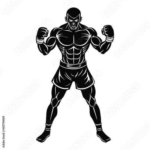 Boxer in Powerful Standing Pose – Black Vector Silhouette