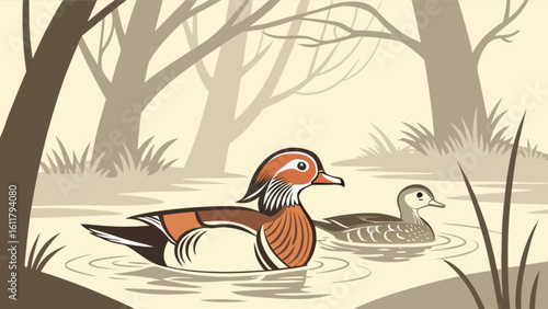 Mandarin duck swimming in pond vector illustration for wildlife nature birdwatching and animal lovers design