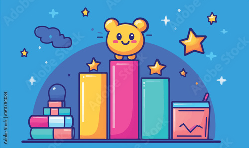 Cute bear cub celebrating achievements on bar graph with stars, perfect for kids learning growth mindset