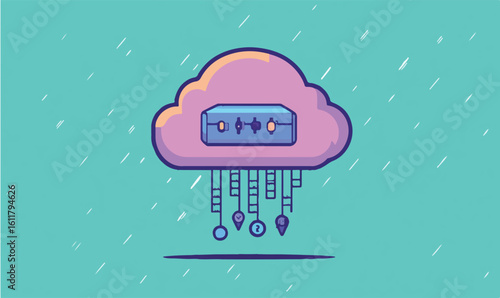 Secure cloud storage with robust data protection in a rainy digital world, colorful tech illustration