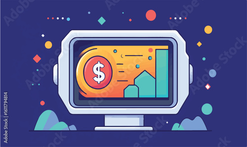 Check modern financial growth with a cool monitor icon displaying data graphs and dollar coin trending up