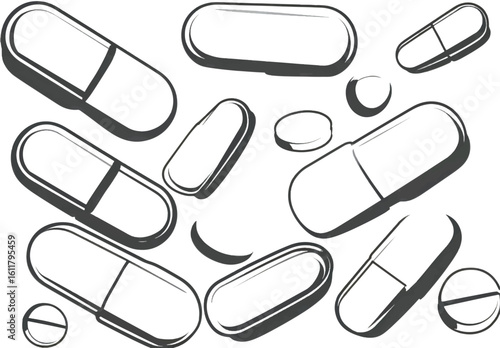 Black and White Illustration of Pharmaceutical Pills and Capsules for Medical Designs and Healthcare Concepts Promoting Wellness