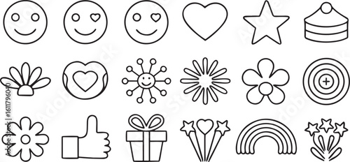 Isolated cheerful lifestyle and happy moments icons, black vector design, joy expression, celebration ribbon, party sparkles, hug, love, peace sign, dancing figure, smiling faces