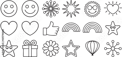 Isolated happiness and emotional wellness icon set, editable black vector style, smiley face, celebration balloons, sparkles, hug, heart, dance, cheerful vibe, love symbol, positive mindset