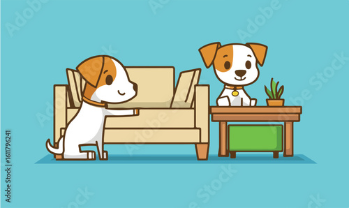 Adorable cartoon dogs relaxing at home by the couch and table with a plant, bright blue background