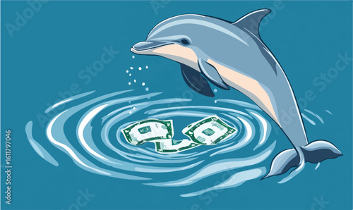 Playful dolphin swims with dollar bills creating ripples in clear blue water symbolizing financial freedom and opportunity