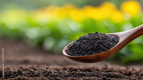 Dark soil amendment in a wooden spoon.