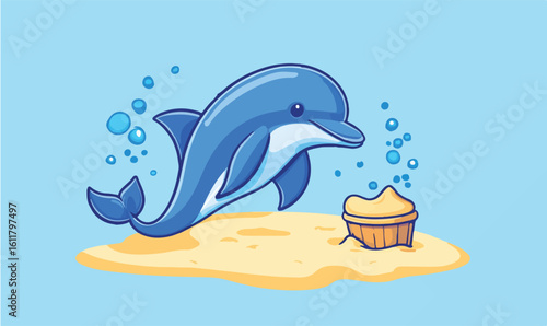 Joyful cartoon dolphin splashes near a sandy island with a cupcake, creating a whimsical underwater scene.