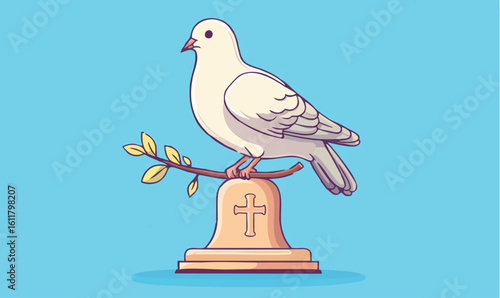 Peaceful dove rests on olive branch atop religious bell symbolizing hope and serenity