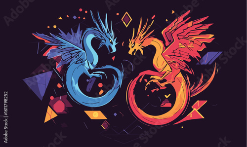 Dynamic blue and red dragons clash amidst vibrant abstract geometric shapes, a fiery fantasy battle.