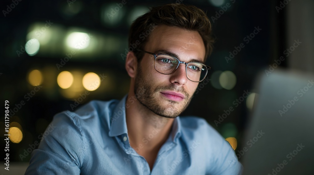 Obraz premium Young Professional Working Late at Night with Laptop in Office