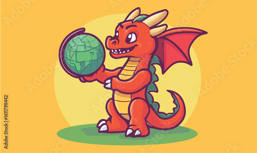 Friendly cartoon dragon proudly holding a green globe, symbolizing global reach and exploration