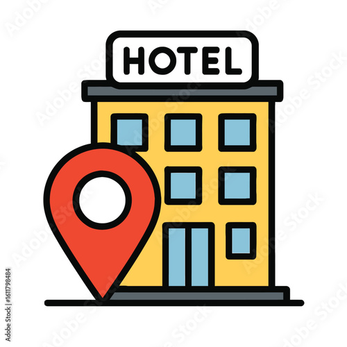 Hotel Building with Location Pin Icon - Accommodation and Travel Stay