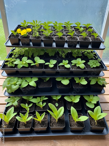 Trays of plant and flower seedlings started indoors outside in the process of hardening off in spring