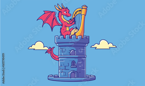 Enchanting dragon plays harp atop a mystical tower, creating magical melodies under a clear blue sky