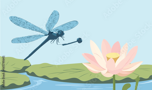 Graceful dragonfly hovers near delicate pink lotus flower blooming by serene water lilies