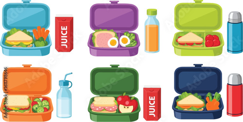 Colorful lunch boxes packed with healthy food for school and work meals