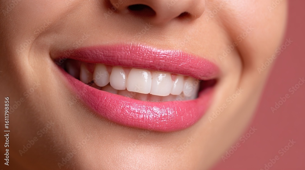 Fototapeta premium Close-up of Bright Smiling Lips with Pink Lipstick on Soft Background