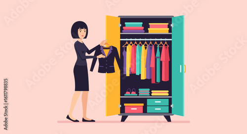 Woman selecting a dark blazer from a colorful wardrobe choosing outfit.
