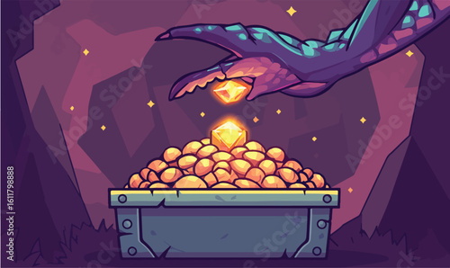 Mysterious creature hoards glittering treasure in dark cave, collecting precious gems and gold coins