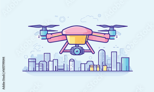 Modern drone flies over city skyline delivering package, future technology concept.