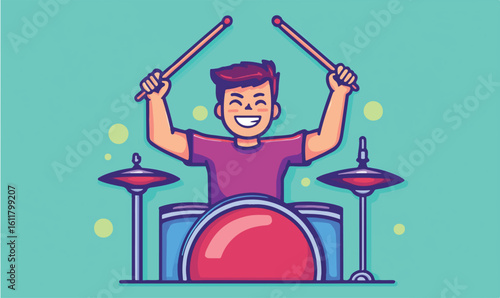 Joyful drummer enthusiastically plays drum set with sticks raised high in a vibrant performance