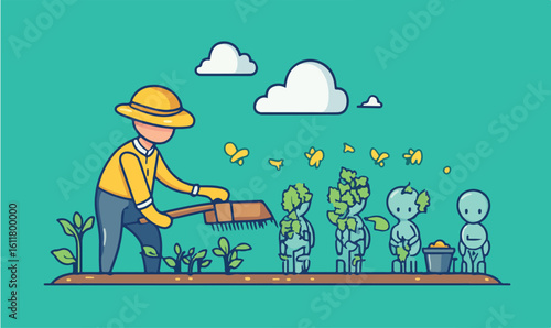 Farmer nurturing plant growth and developing abstract figures in a vibrant, stylized garden scene