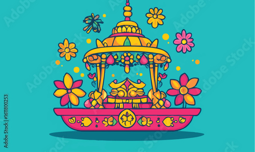 Vibrant Indian chariot decorated with colorful flowers and traditional motifs, perfect for festive celebrations