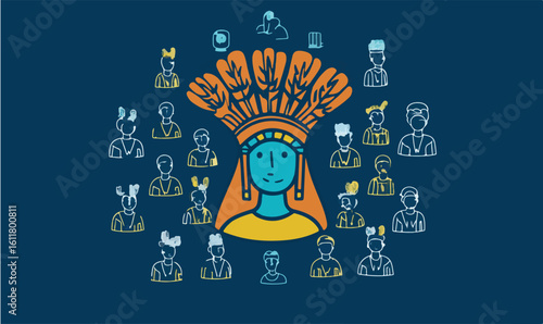 Diverse group of people surrounds a central figure wearing a striking headdress, symbolizing community and leadership.