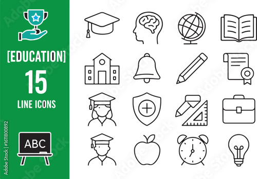 Collection of Fifteen Education Icons in Line Style Perfect for Academic Projects and Design Assets