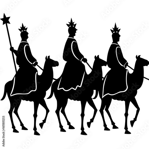 Three wise men riding camels silhouette isolated on white background