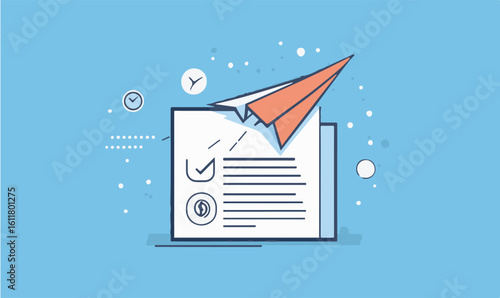 Achieve goals fast with a paper airplane launch over checklist and money symbol