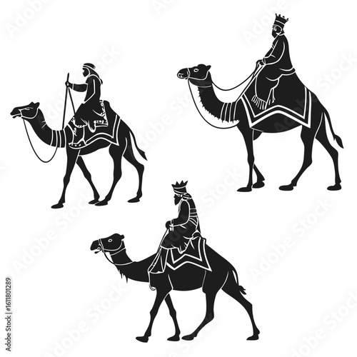 Three wise men riding camels silhouette isolated on white background