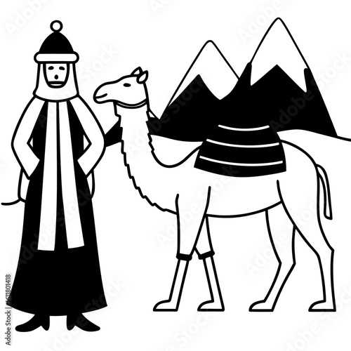 Man and camel silhouette with mountains isolated on white background