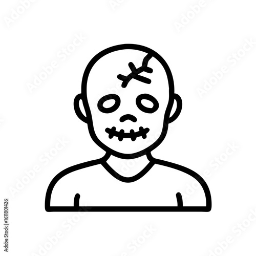 Zombie character illustration with stitched forehead and hollow eyes    on transparent background  