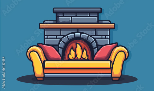 Cozy yellow sofa with red pillows sits before a warm, inviting fireplace with crackling flames
