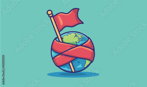 Global success achieved with a triumphant flag planted on a wrapped Earth