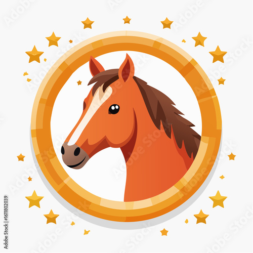 Adorable Cartoon Horse Head Illustration Surrounded by Sparkling Stars and Golden Circle
