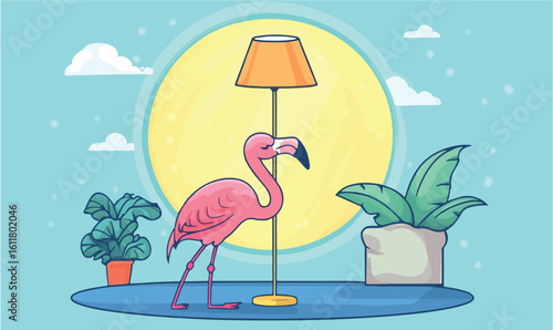 Charming pink flamingo poses near a bright lamp with potted plants, evoking whimsical vibes