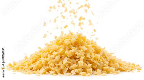 Falling grated cheese forms a delicious heap of cheese shavings, an isolated set on a transparent background ideal for cooking