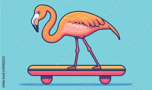 Whimsical flamingo confidently skates on a vibrant retro board under a clear blue sky