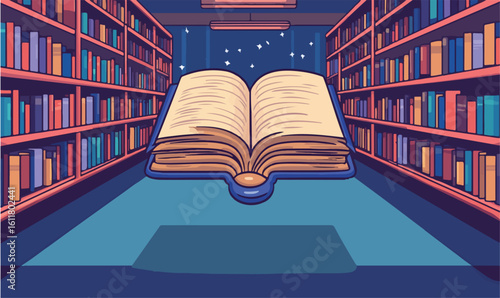 Discover endless knowledge: an open book awaits in a magical library under starry skies