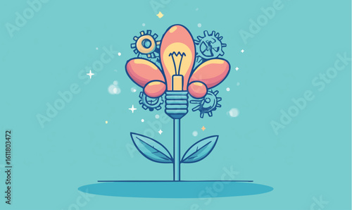 Innovative lightbulb flower blooms with gears symbolizing creative business growth and bright ideas