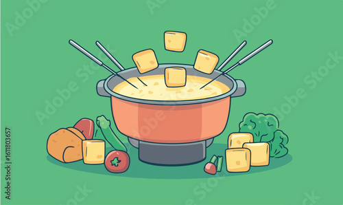 Gather for delicious cheese fondue, dipping bread, vegetables, and fruit for a warm, cozy meal experience.