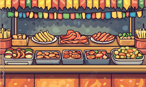 Vibrant food stall display overflowing with delicious street food and festive decorations