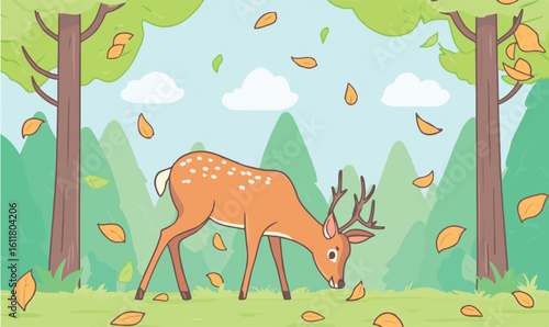 Charming deer grazing peacefully amidst falling leaves in a vibrant forest scene